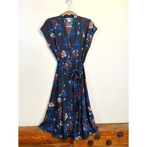 H&M Navy Blue Floral Belted Dress, Bohemian Kimono Style, Size 10